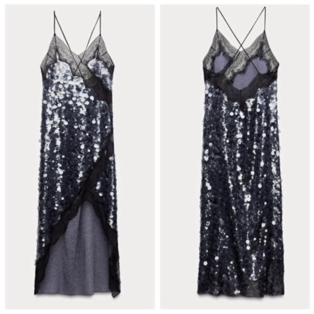 NWT Zara Runway Collection Iridescent Sequin lace Trim Dress  sz S
